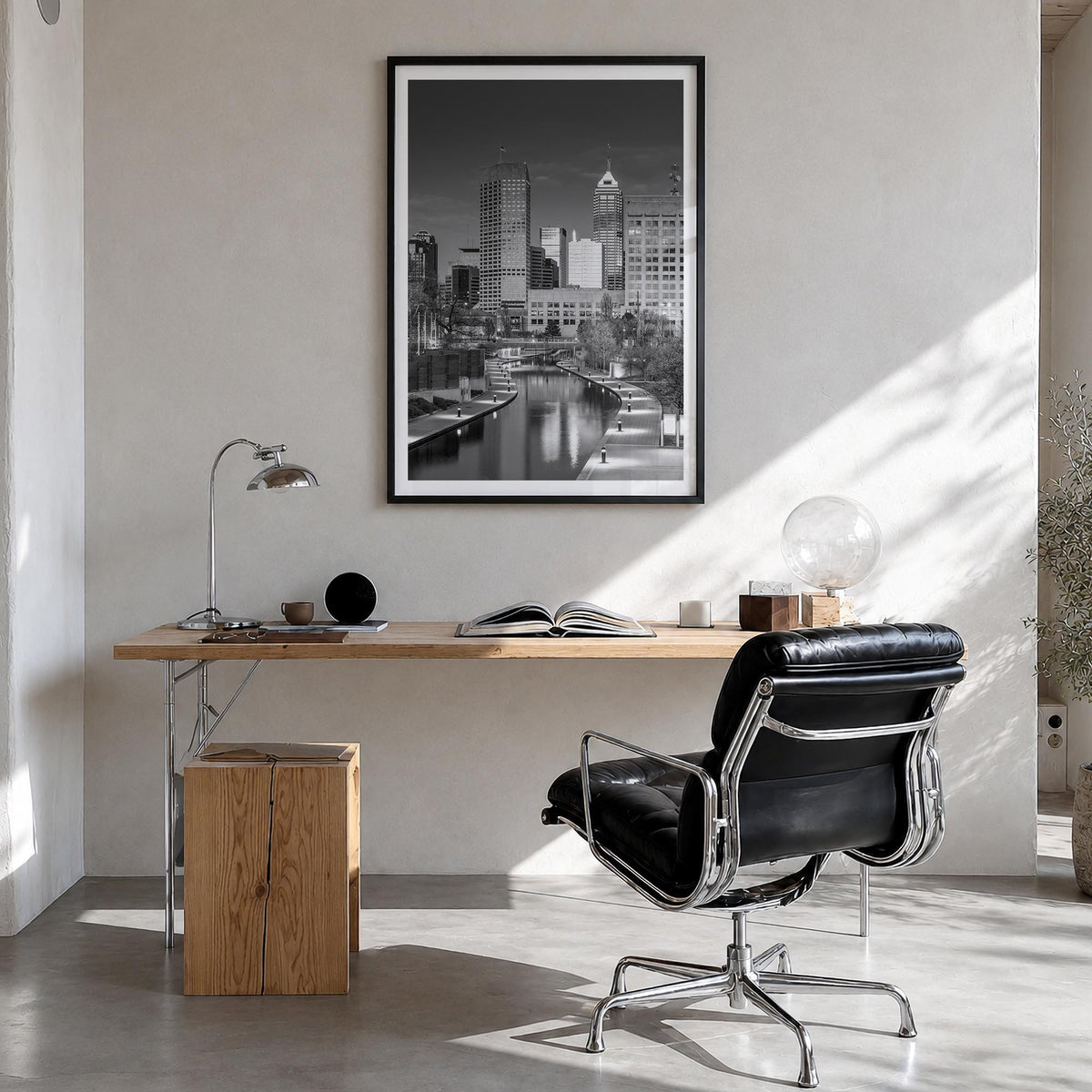 Indianapolis no. 2 black & white photo poster of Indiana, USA – vertical wall art in black wood frame with white border, hang