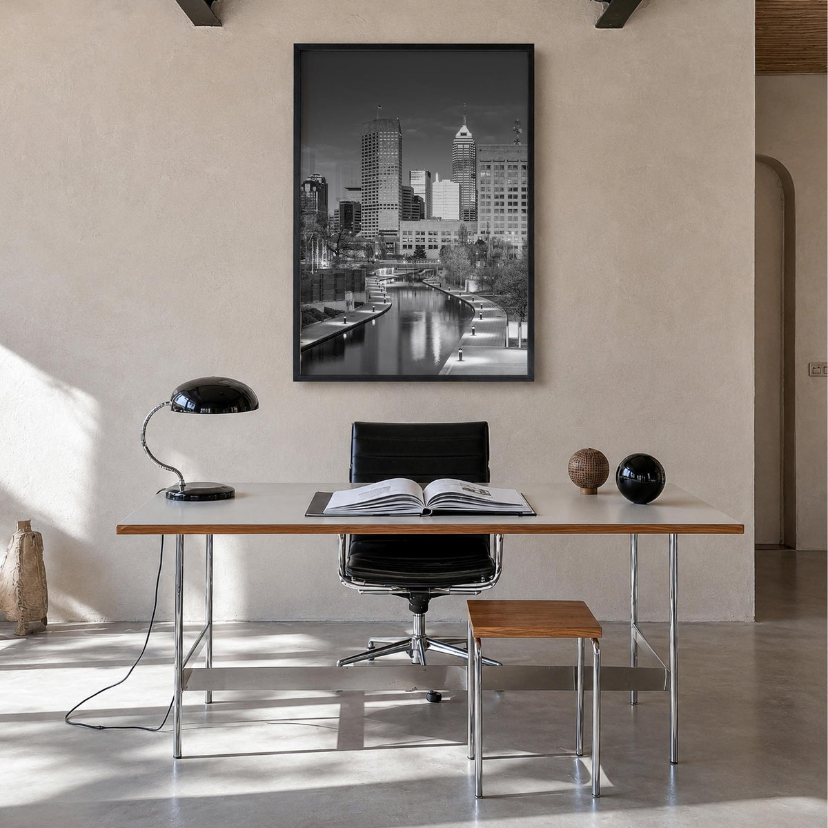 Indianapolis no. 2 black & white photo poster of Indiana, USA – vertical wall art in black wood frame, hanging on wall