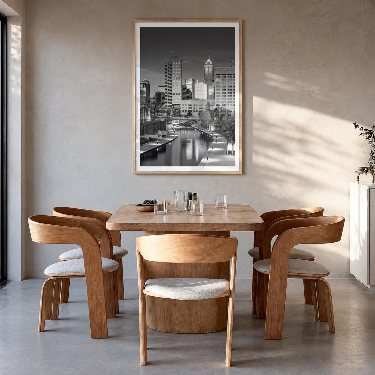 Indianapolis no. 2 black & white photo poster of Indiana, USA – vertical wall art in natural wood frame with white border, ha