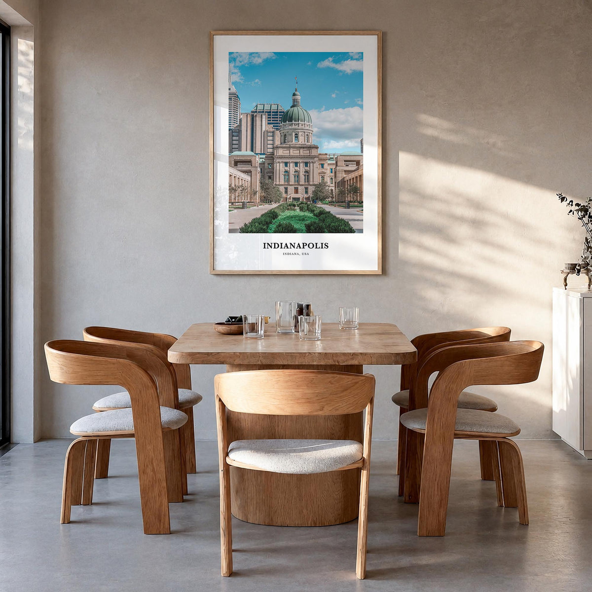 Indianapolis no. 2 colorful classic poster of Indiana, USA – vertical wall art in natural wood frame, hanging on wall