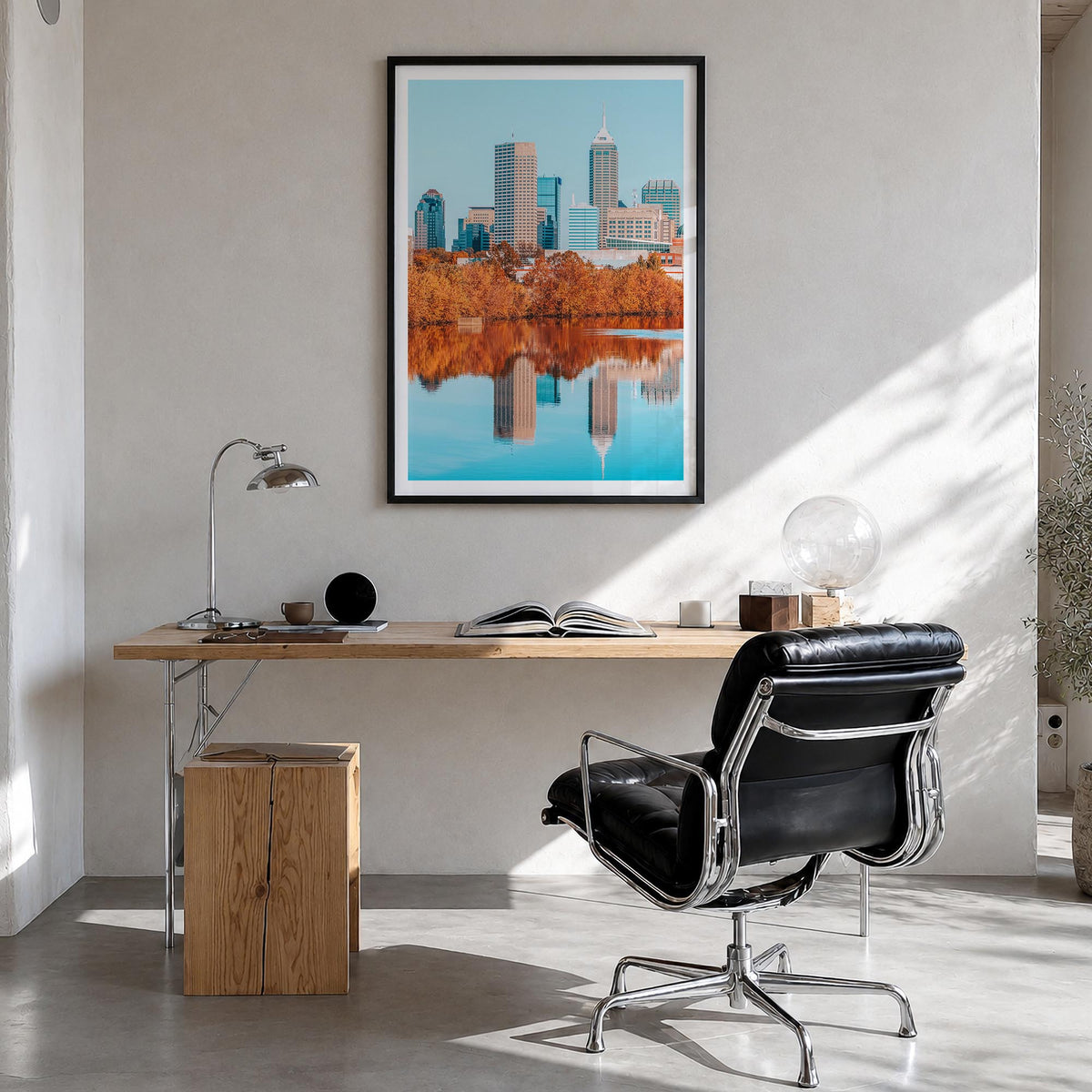 Indianapolis no. 2 colorful photo poster of Indiana, USA – vertical wall art in black wood frame with white border, hanging o