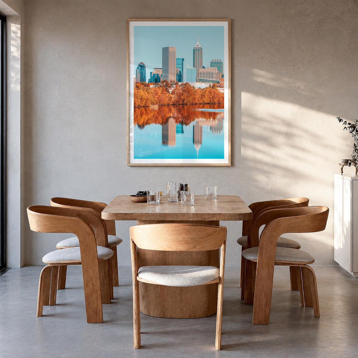 Indianapolis no. 2 colorful photo poster of Indiana, USA – vertical wall art in natural wood frame with white border, hanging