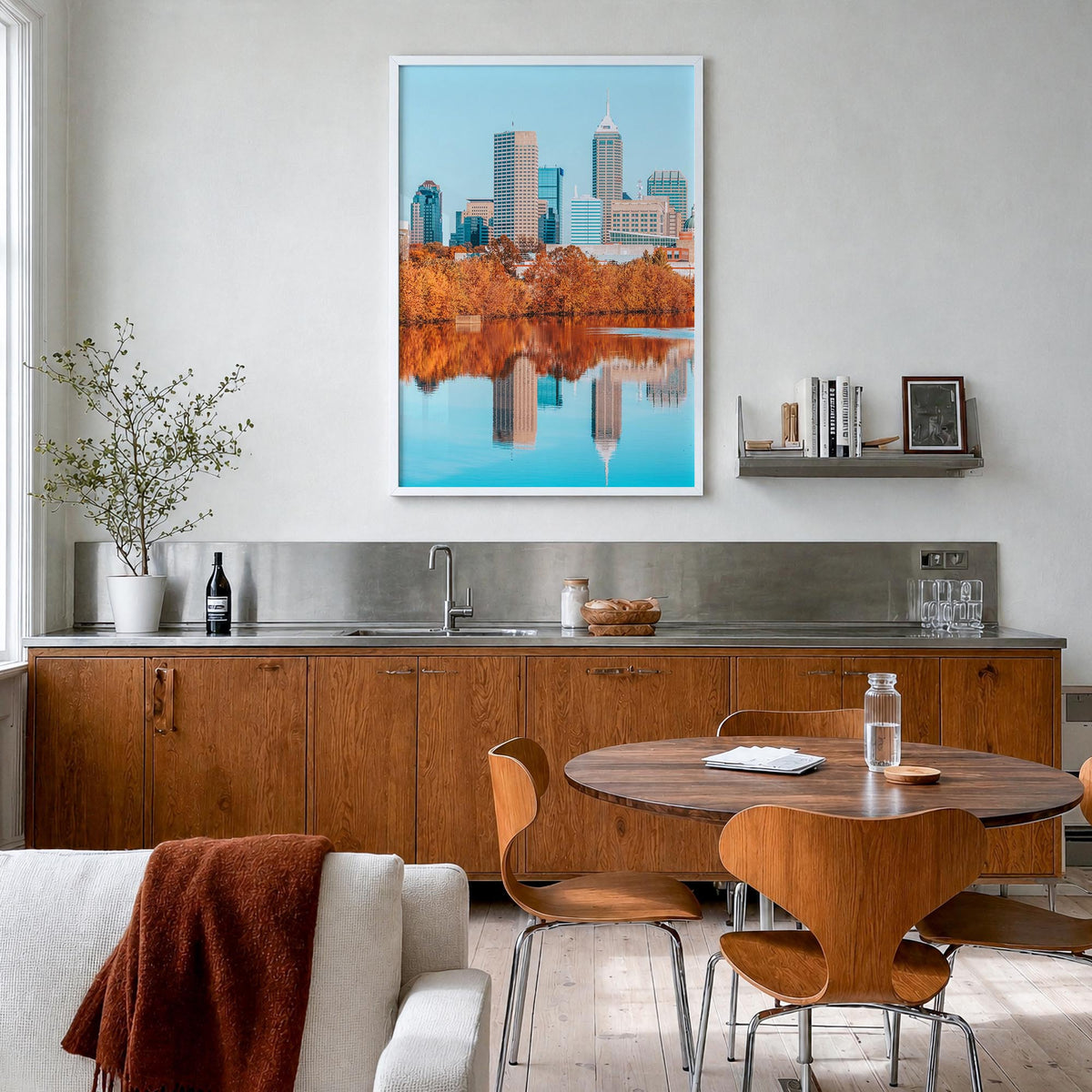 Indianapolis no. 2 colorful photo poster of Indiana, USA – vertical wall art in white wood frame, hanging on wall