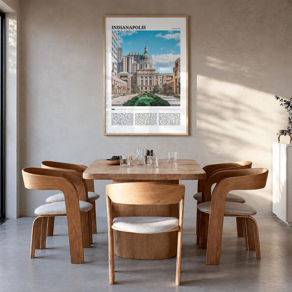 Indianapolis no. 2 colorful travel poster of Indiana, USA – vertical wall art in natural wood frame, hanging on wall