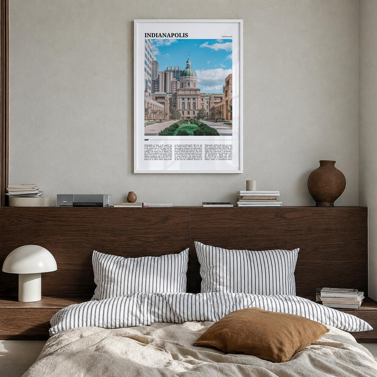 Indianapolis no. 2 colorful travel poster of Indiana, USA – vertical wall art in white wood frame, hanging on wall