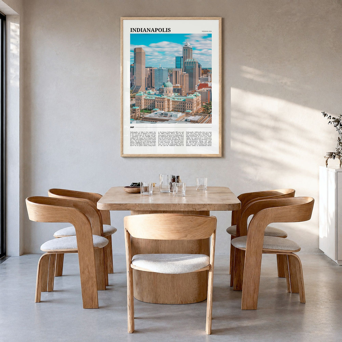 Indianapolis Travel No 1 Poster in a natural wood frame, hanging in a dining room