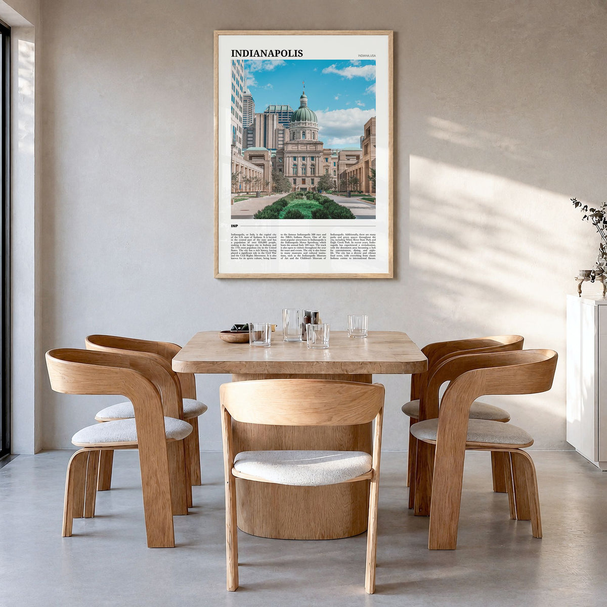Indianapolis Travel No 2 Poster in a natural wood frame, hanging in a dining room