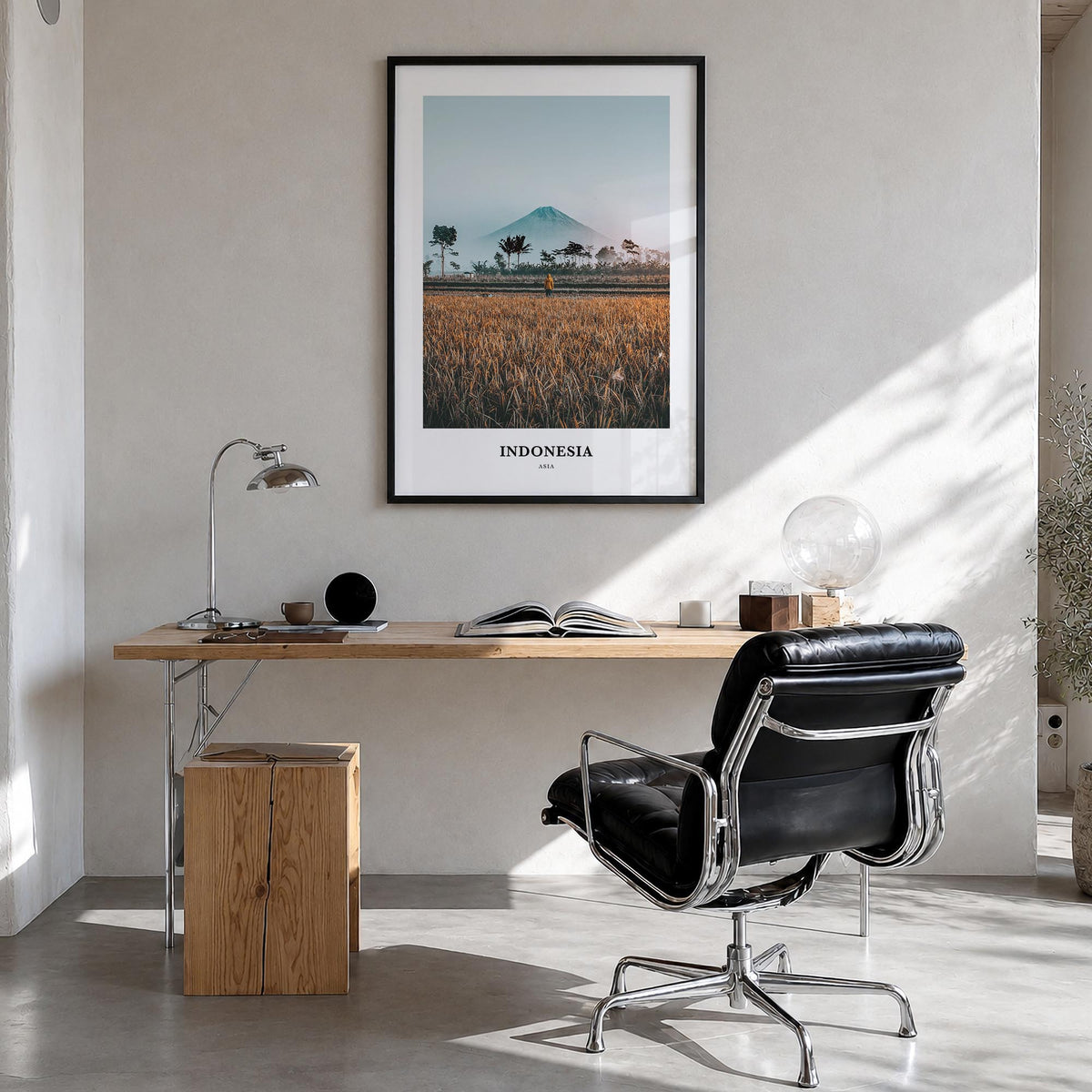 Indonesia colorful classic poster of Asia – vertical wall art in black wood frame, hanging on wall