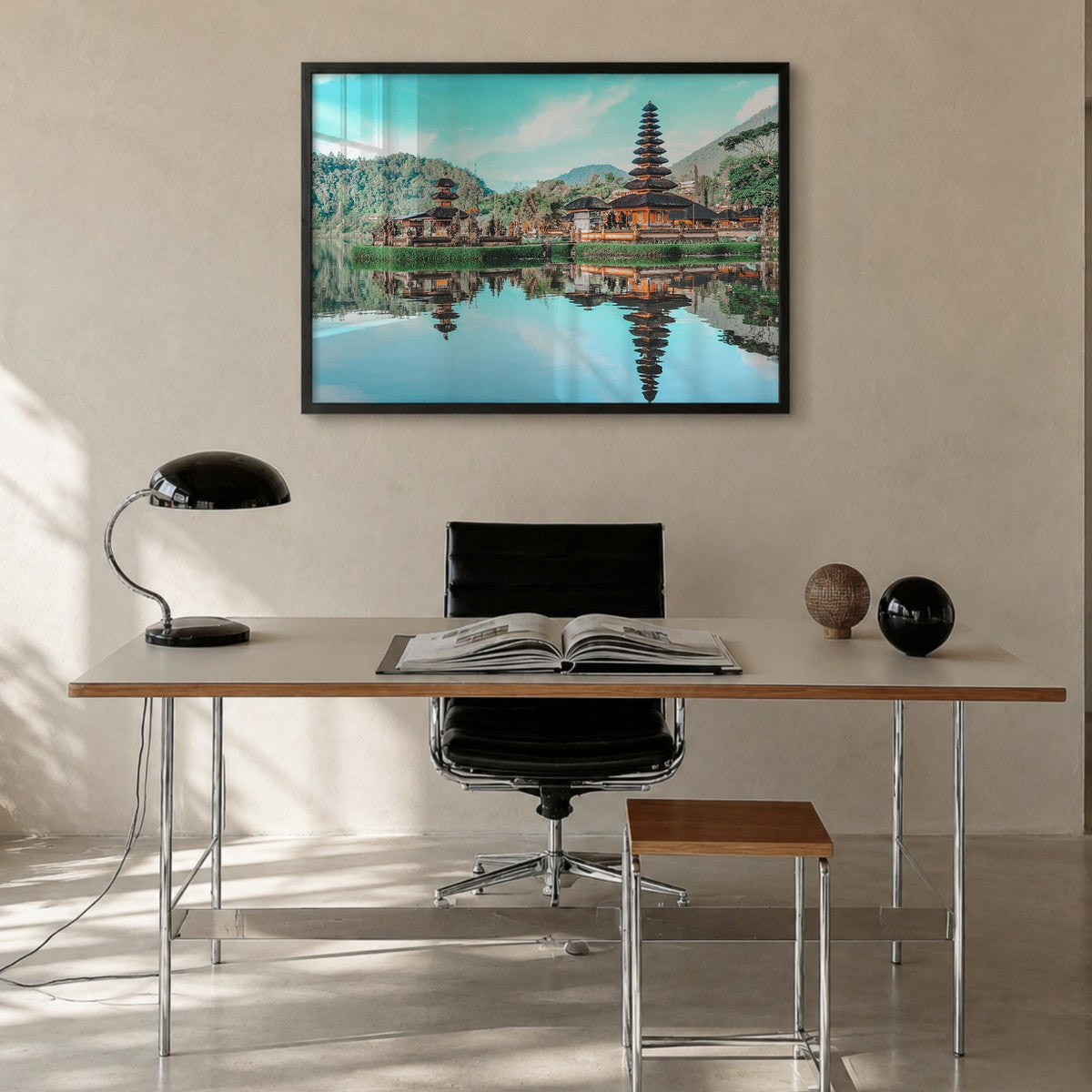 Indonesia colorful photo poster of Asia – horizontal wall art in black wood frame, hanging on wall
