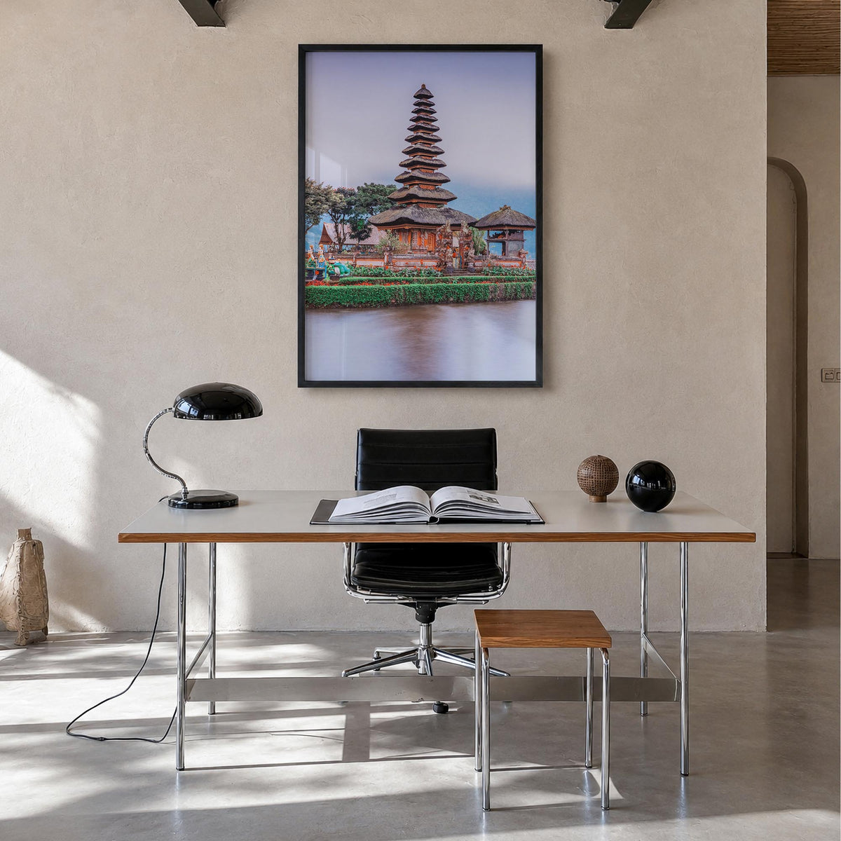 Indonesia colorful photo poster of Asia – vertical wall art in black wood frame, hanging on wall