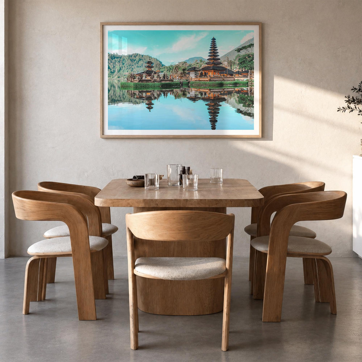 Indonesia colorful photo poster of Asia – horizontal wall art in natural wood frame with white border, hanging on wall