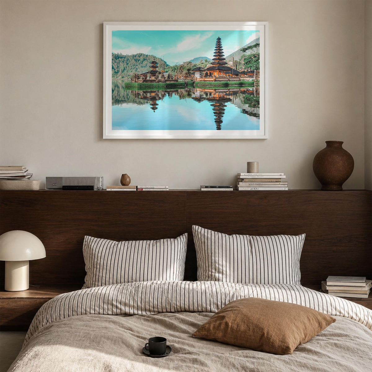 Indonesia colorful photo poster of Asia – horizontal wall art in white wood frame with white border, hanging on wall