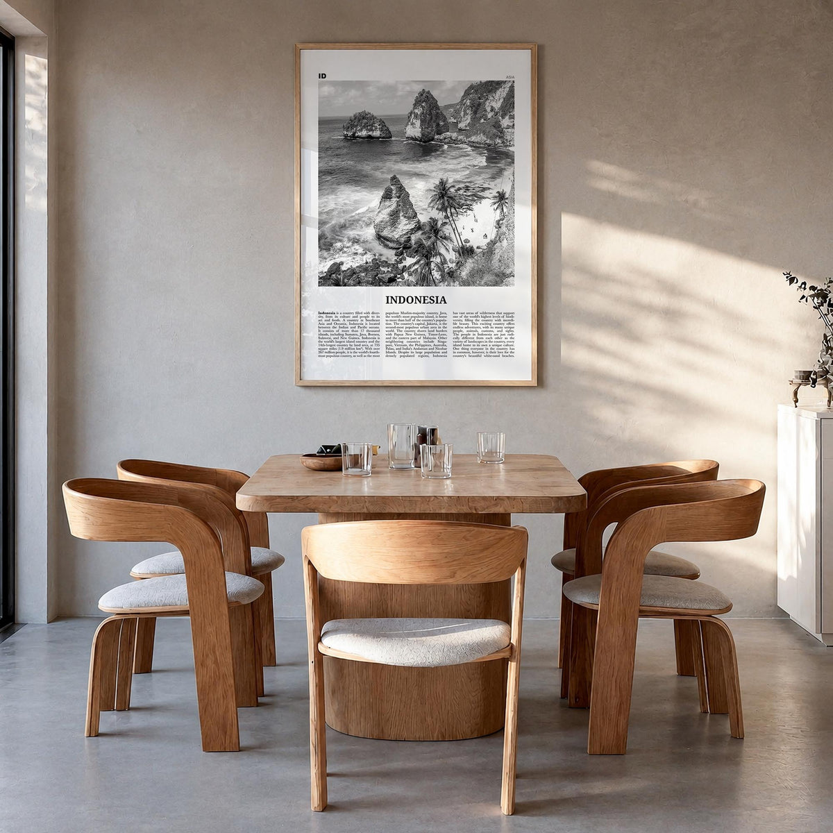 Indonesia no. 2 black & white newspaper poster of Asia – vertical wall art in natural wood frame, hanging on wall