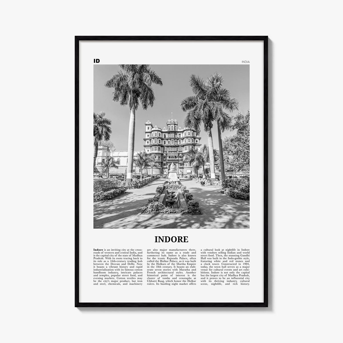 Indore black & white newspaper poster of India – vertical wall art, unframed print shown in interior mockup