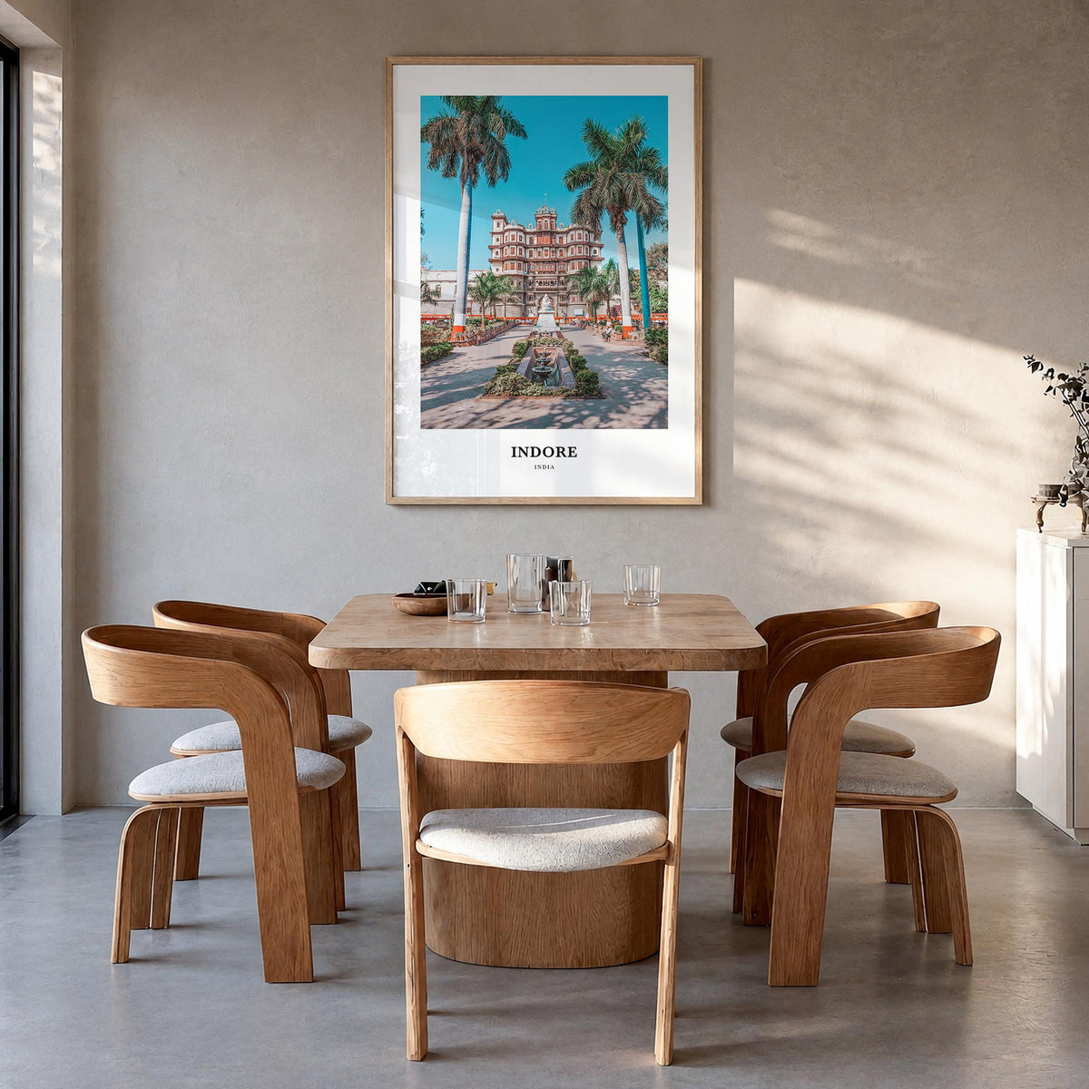 Indore colorful classic poster of India – vertical wall art in natural wood frame, hanging on wall