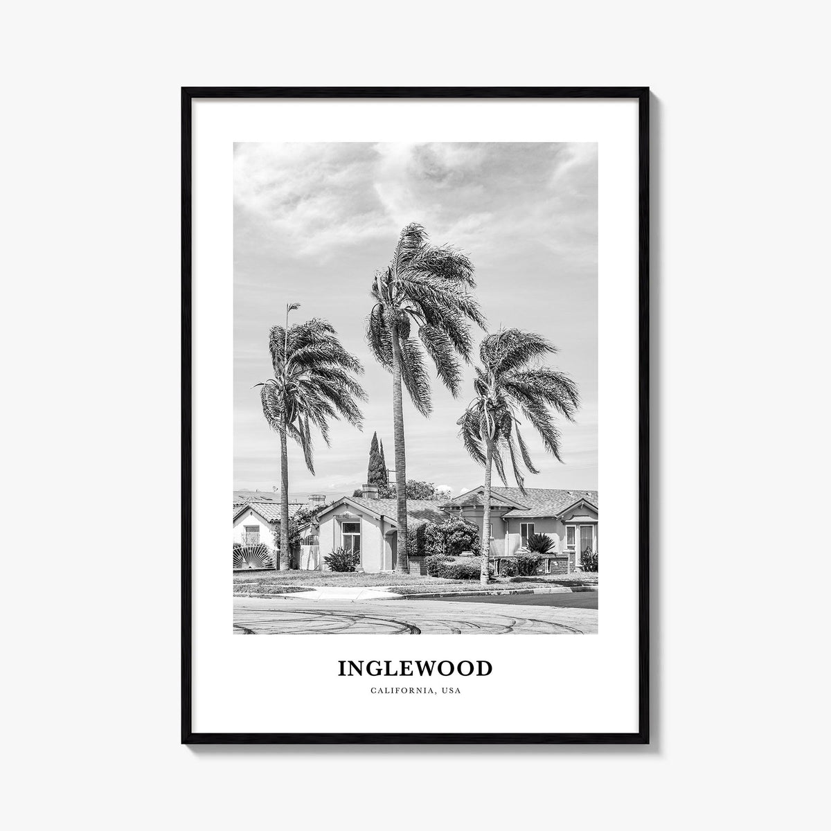 Inglewood black & white classic poster of California, USA – vertical wall art, unframed print shown in interior mockup