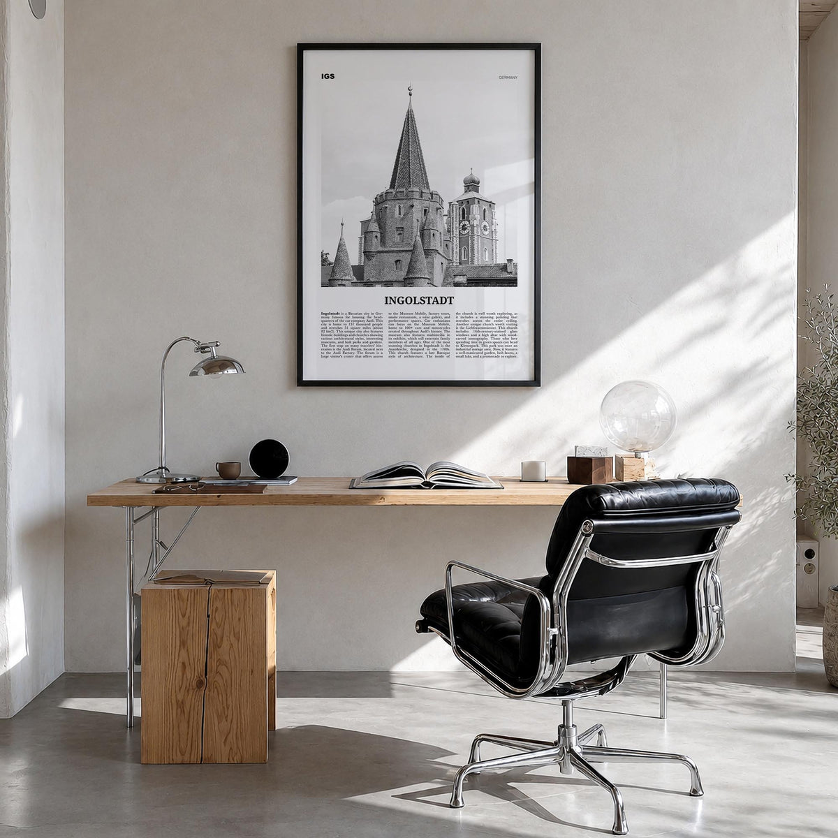 Ingolstadt black & white newspaper poster of Germany – vertical wall art in black wood frame, hanging on wall