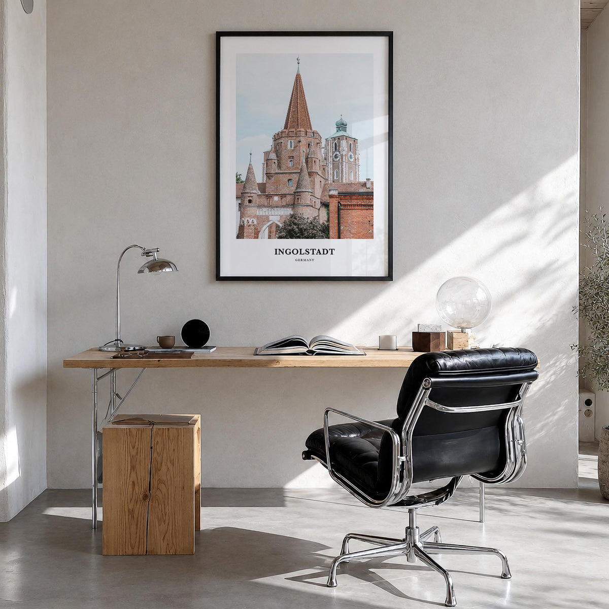 Ingolstadt colorful classic poster of Germany – vertical wall art in black wood frame, hanging on wall