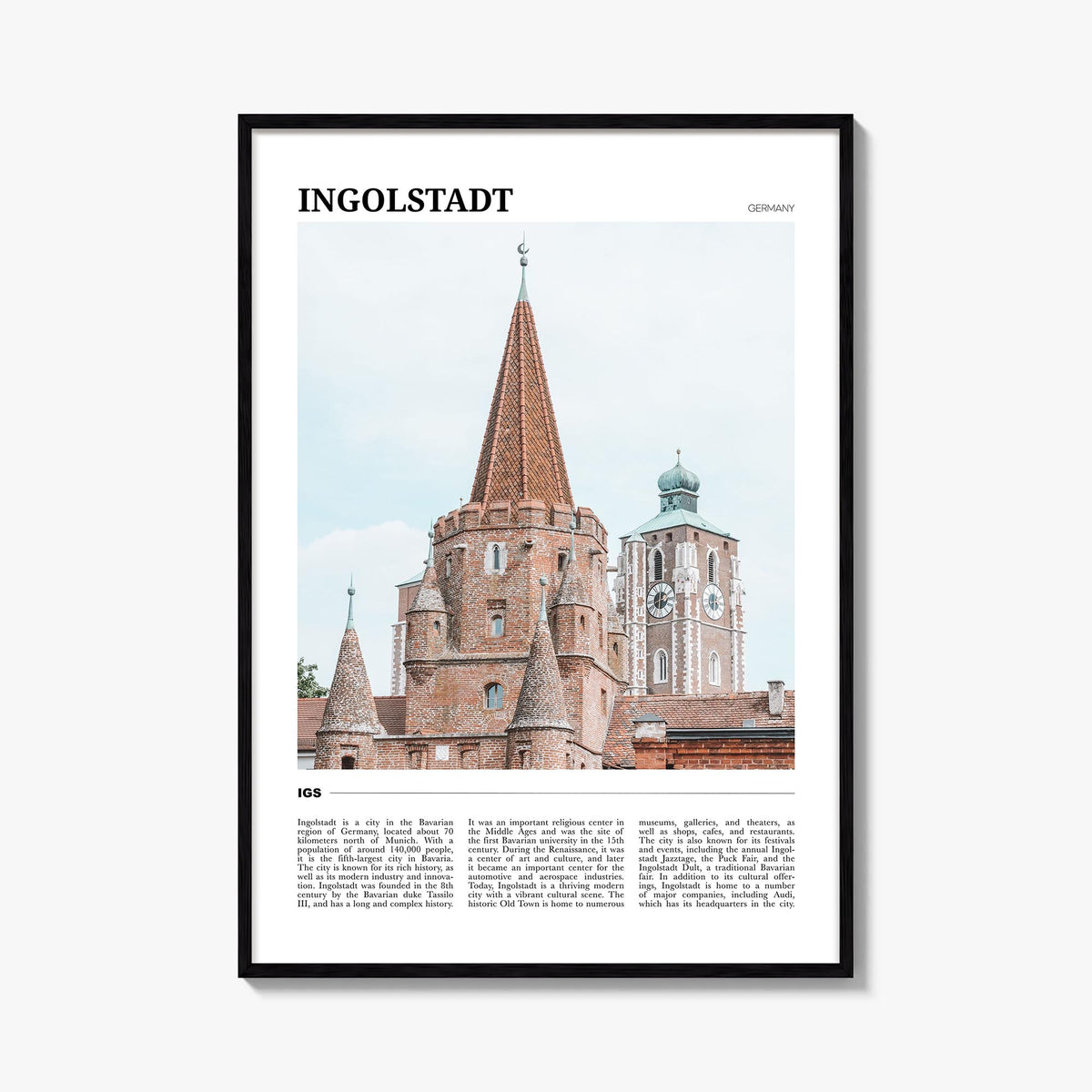 Ingolstadt colorful travel poster of Germany – vertical wall art, unframed print shown in interior mockup