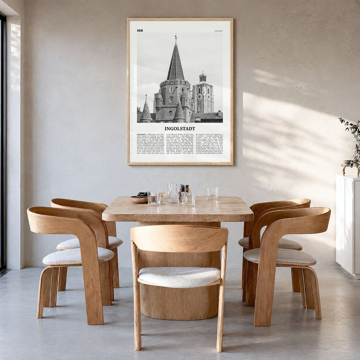 Ingolstadt Newspaper Poster in a natural wood frame, hanging in a dining room