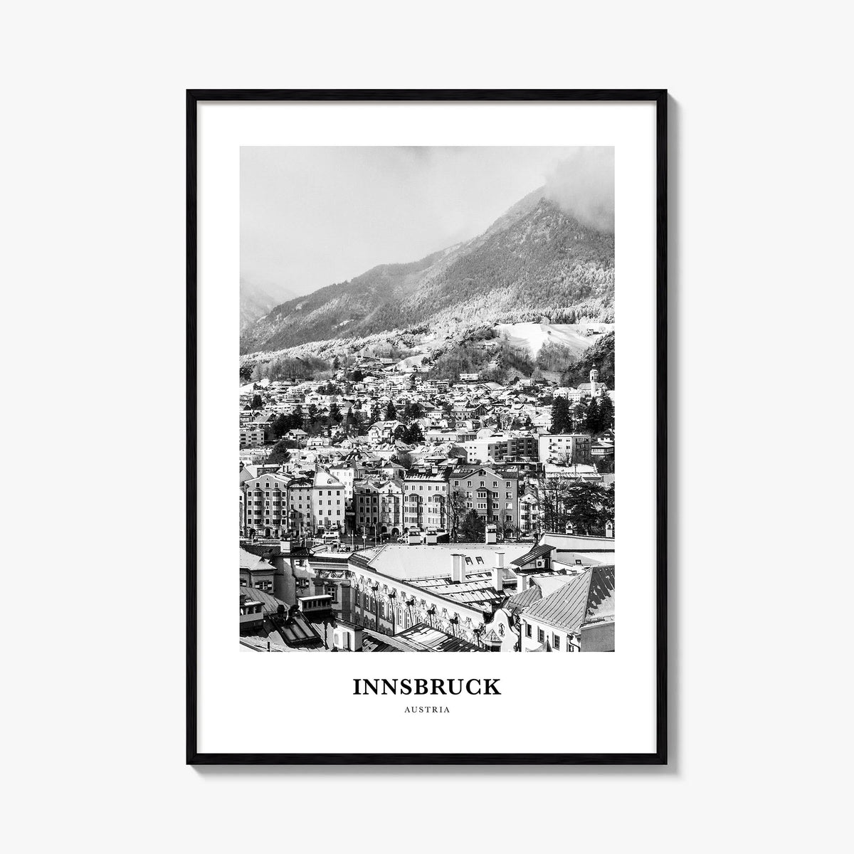Innsbruck black & white classic poster of Austria – vertical wall art, unframed print shown in interior mockup