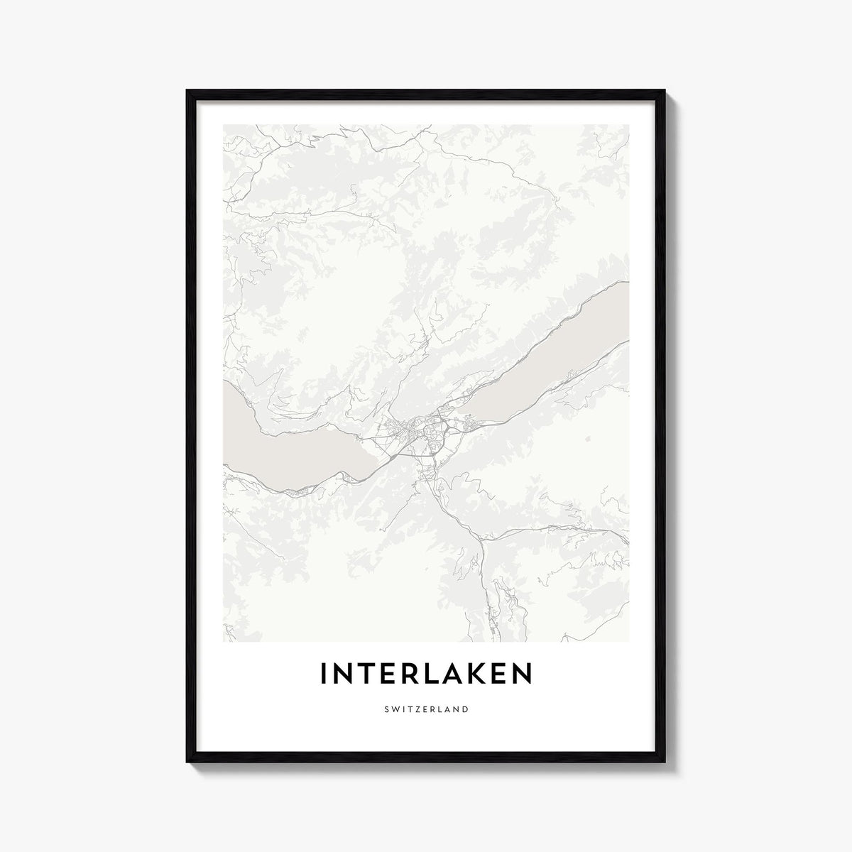 Interlaken black & white map poster of Switzerland – vertical wall art, unframed print shown in interior mockup