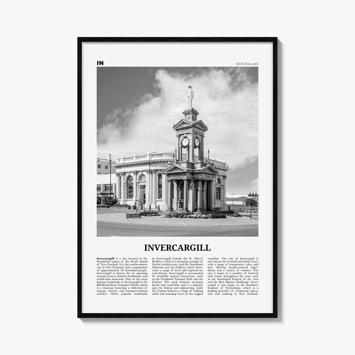 Invercargill black & white newspaper poster of New Zealand – vertical wall art, unframed print shown in interior mockup