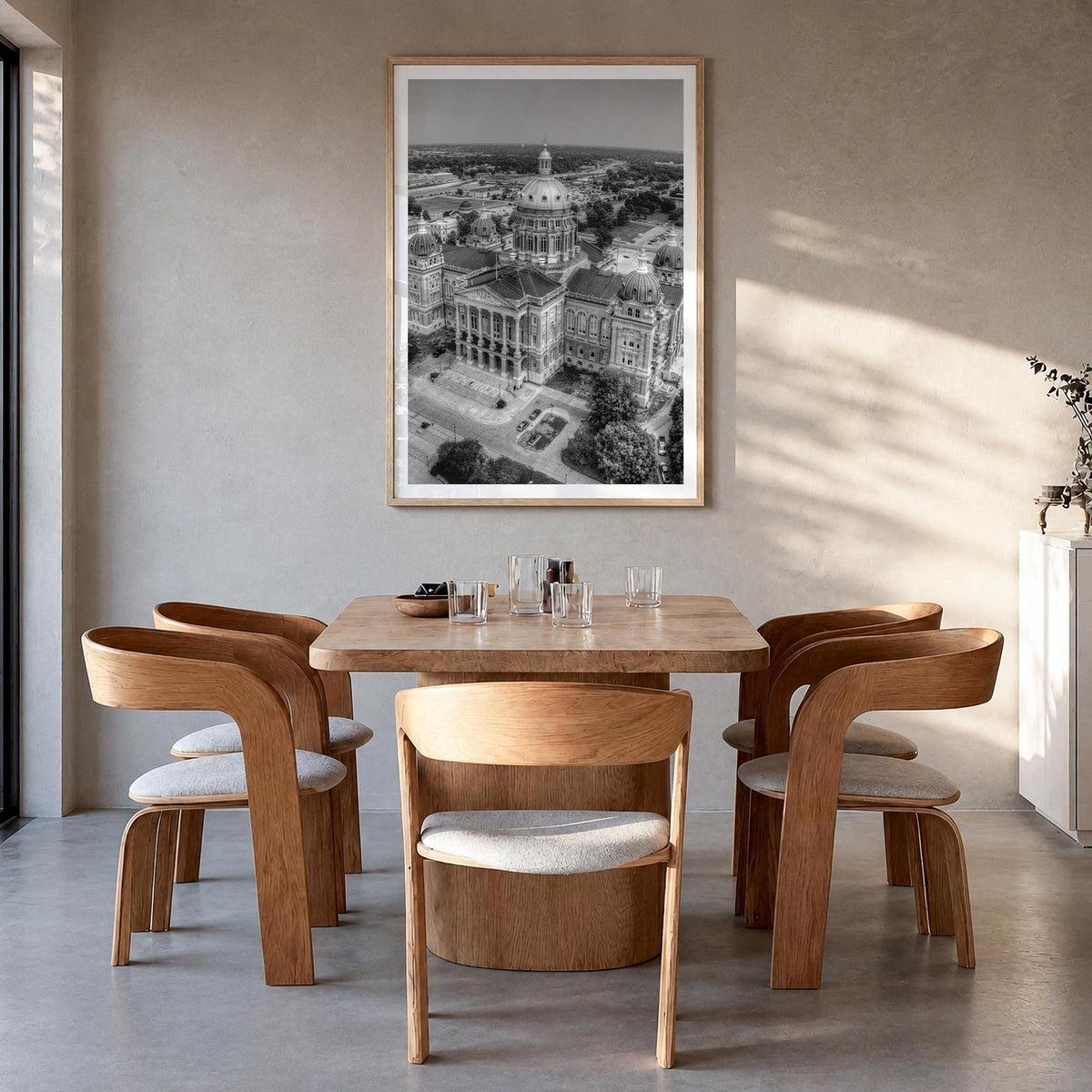 Iowa black & white photo poster of United States – vertical wall art in natural wood frame with white border, hanging on wall