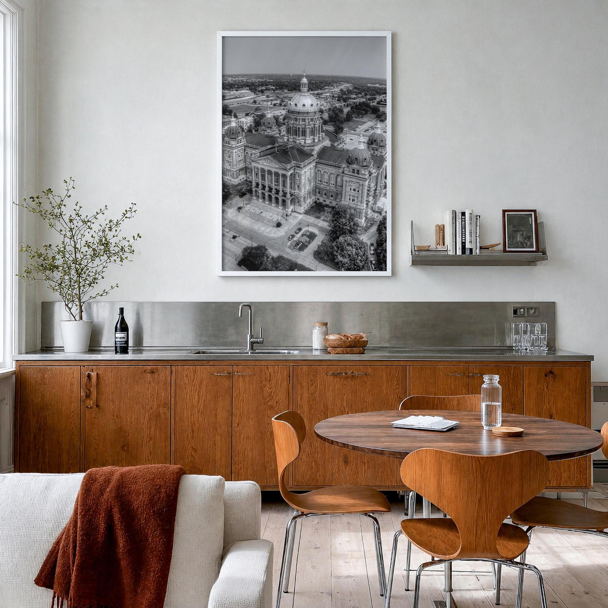 Iowa black & white photo poster of United States – vertical wall art in white wood frame, hanging on wall