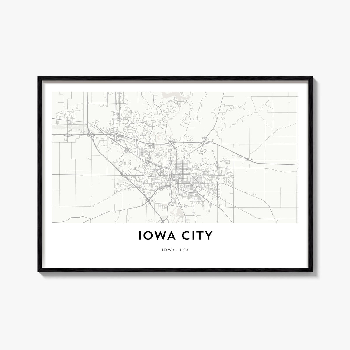 Iowa City black & white map poster of Iowa, USA – horizontal wall art, unframed print shown in interior mockup