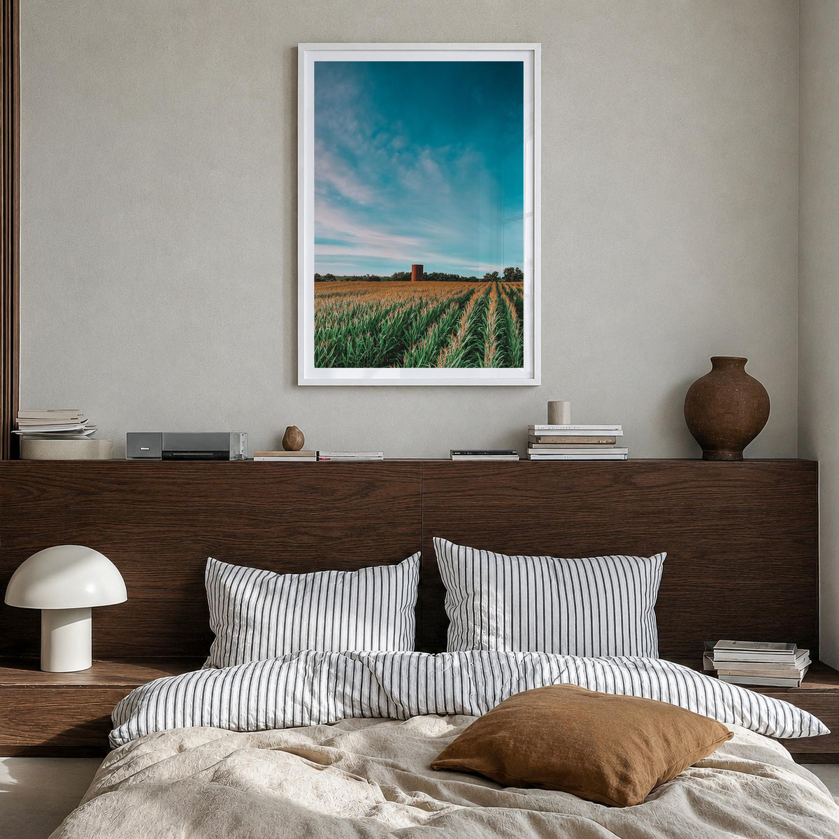 Iowa colorful photo poster of United States – vertical wall art in white wood frame with white border, hanging on wall