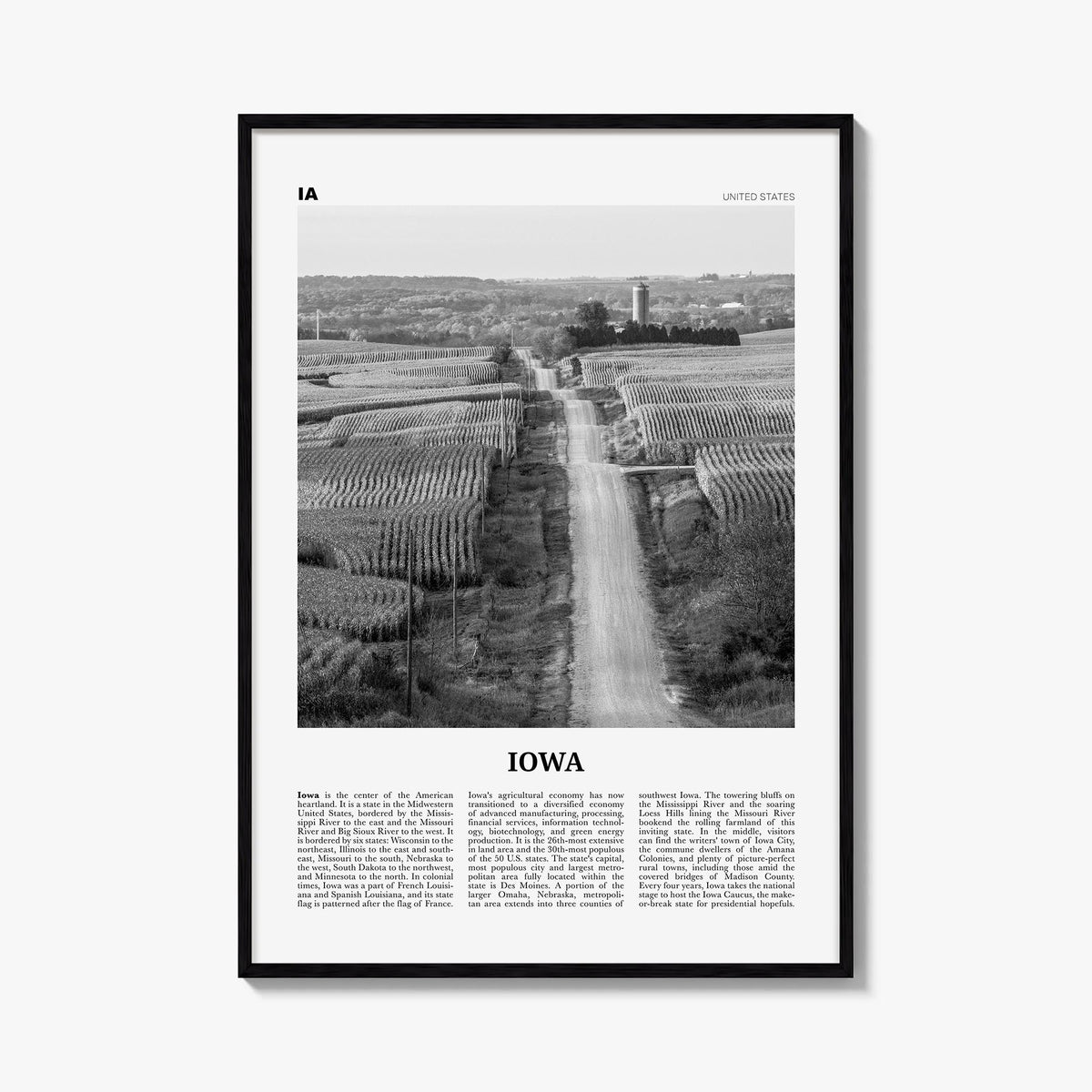 Iowa no. 1 black & white newspaper poster of United States – vertical wall art, unframed print shown in interior mockup