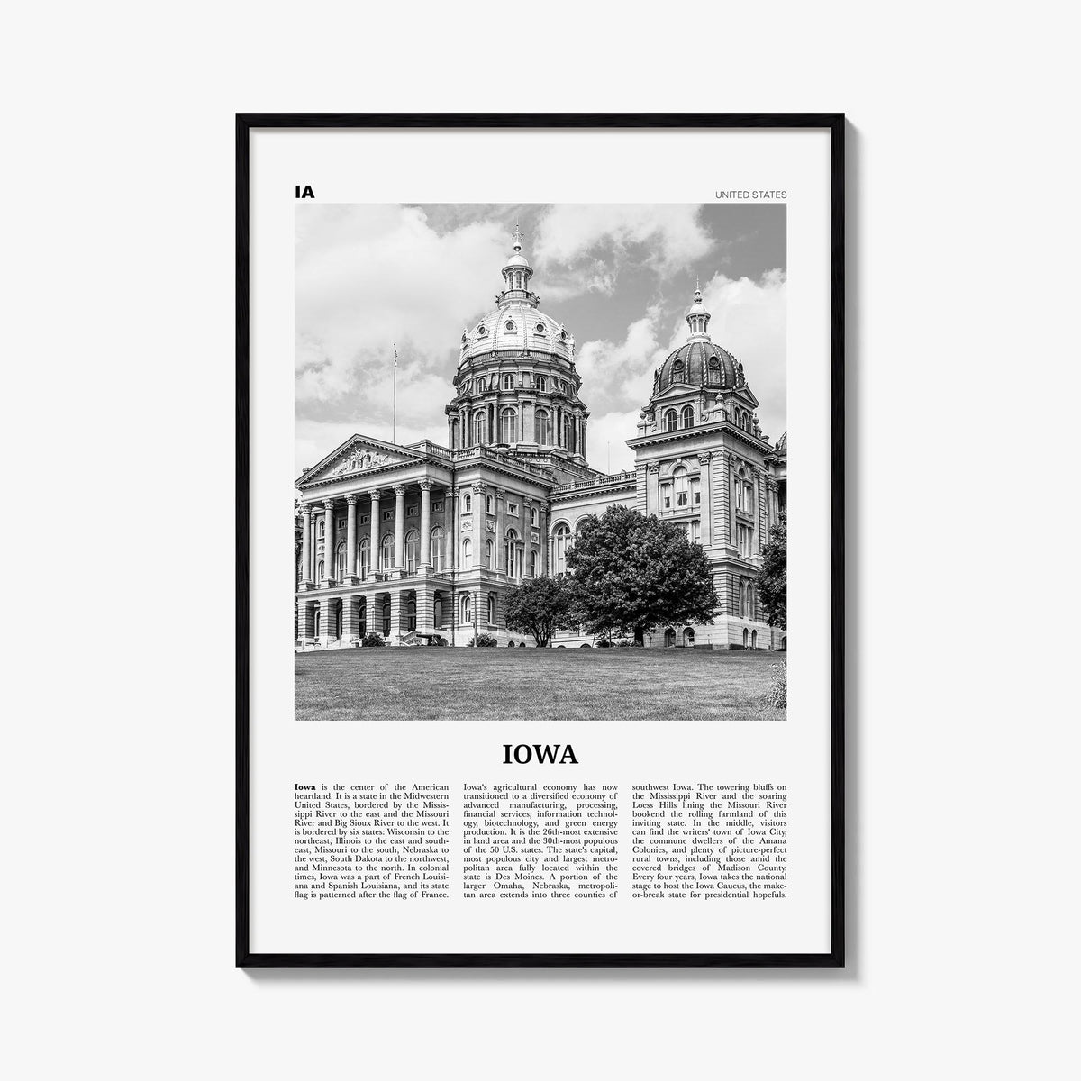 Iowa no. 2 black & white newspaper poster of United States – vertical wall art, unframed print shown in interior mockup