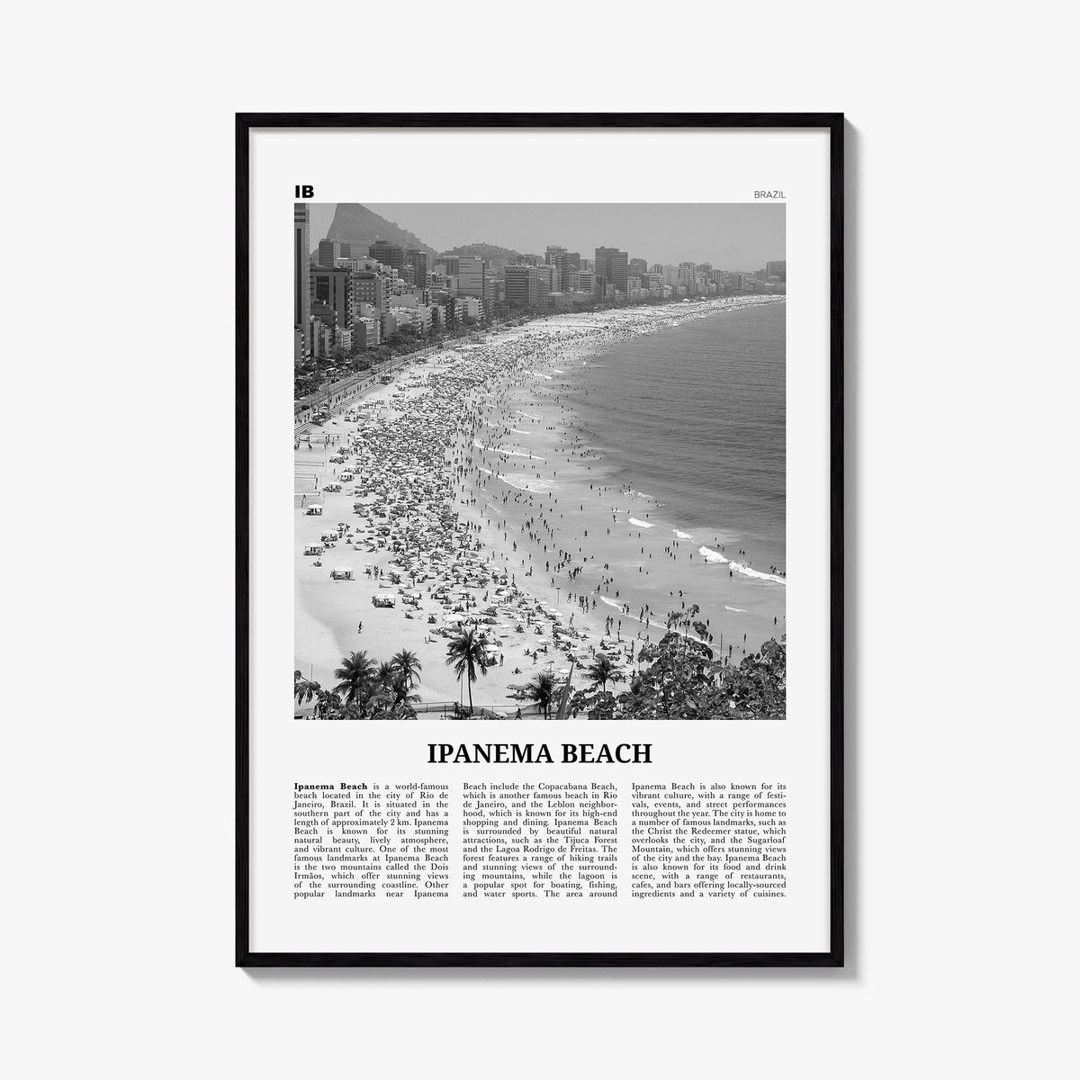 Ipanema Beach black & white newspaper poster of Brazil – vertical wall art, unframed print shown in interior mockup