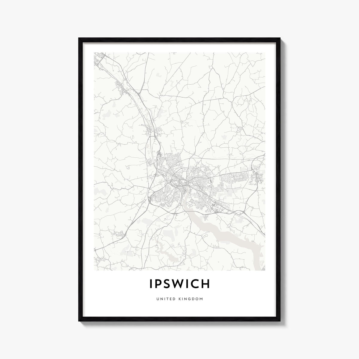 Ipswich black & white map poster of England, UK – vertical wall art, unframed print shown in interior mockup