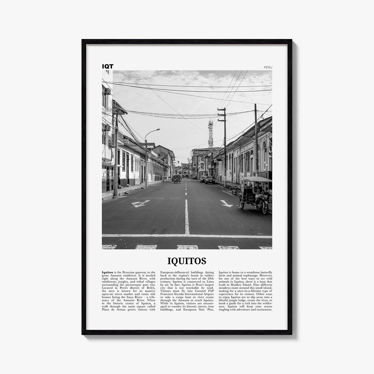 Iquitos black & white newspaper poster of Peru – vertical wall art, unframed print shown in interior mockup