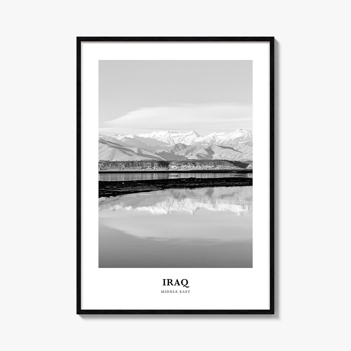 Iraq black & white classic poster of Middle East – vertical wall art, unframed print shown in interior mockup