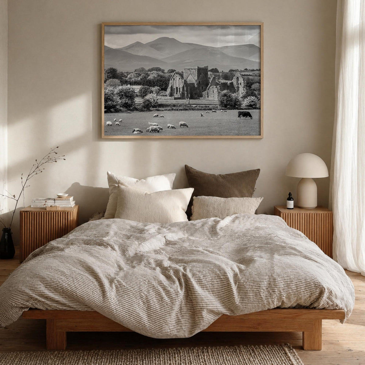 Ireland black & white photo poster of Europe – horizontal wall art in natural wood frame, hanging on wall