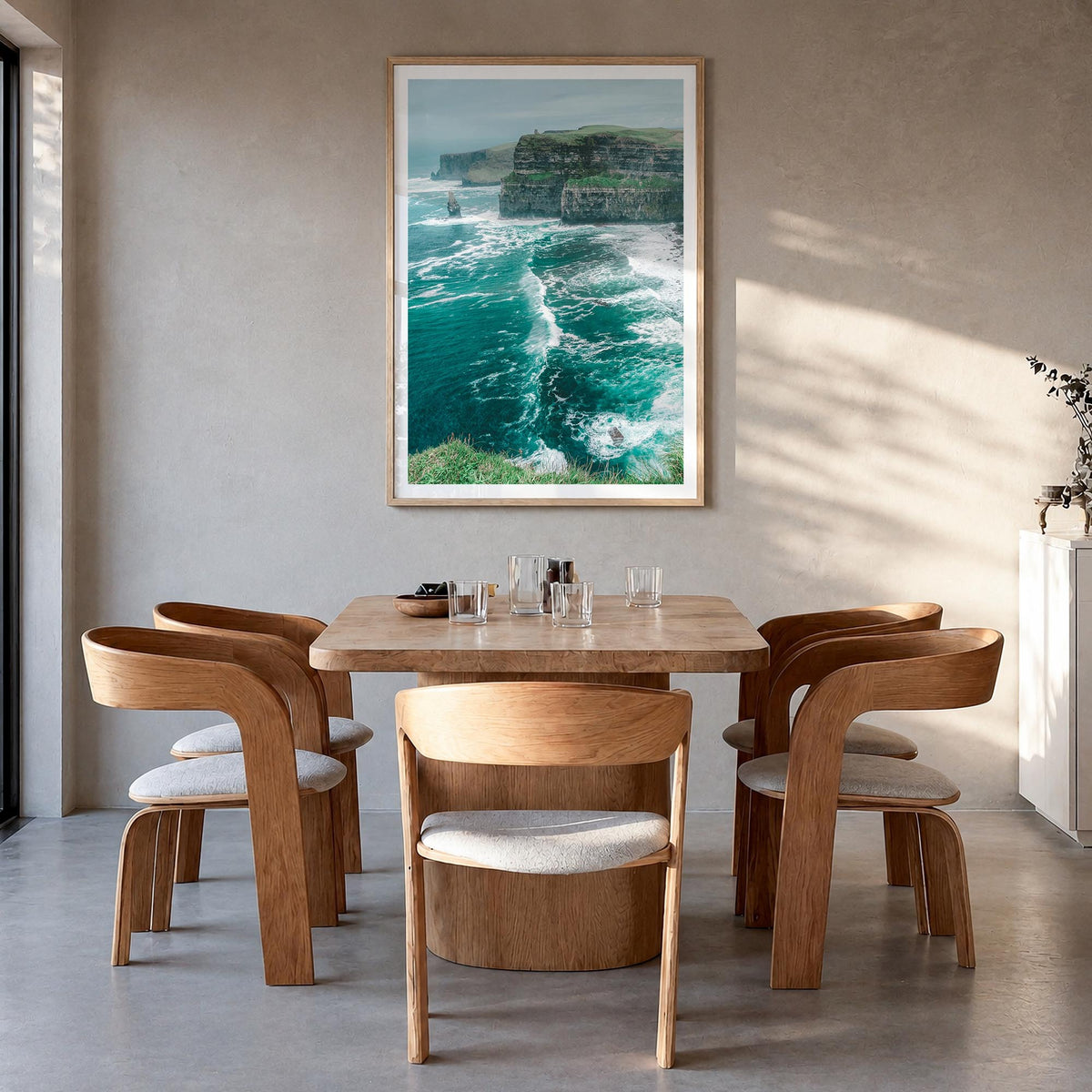 Ireland no. 2 colorful photo poster of Europe – vertical wall art in natural wood frame with white border, hanging on wall