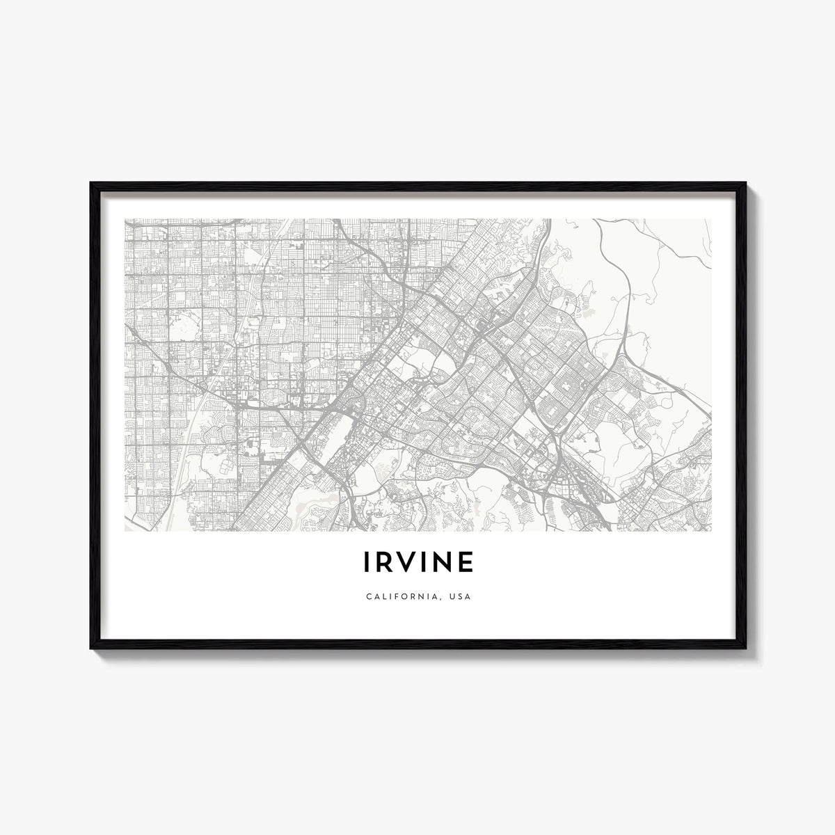 Irvine black & white map poster of California, USA – horizontal wall art, unframed print shown in interior mockup