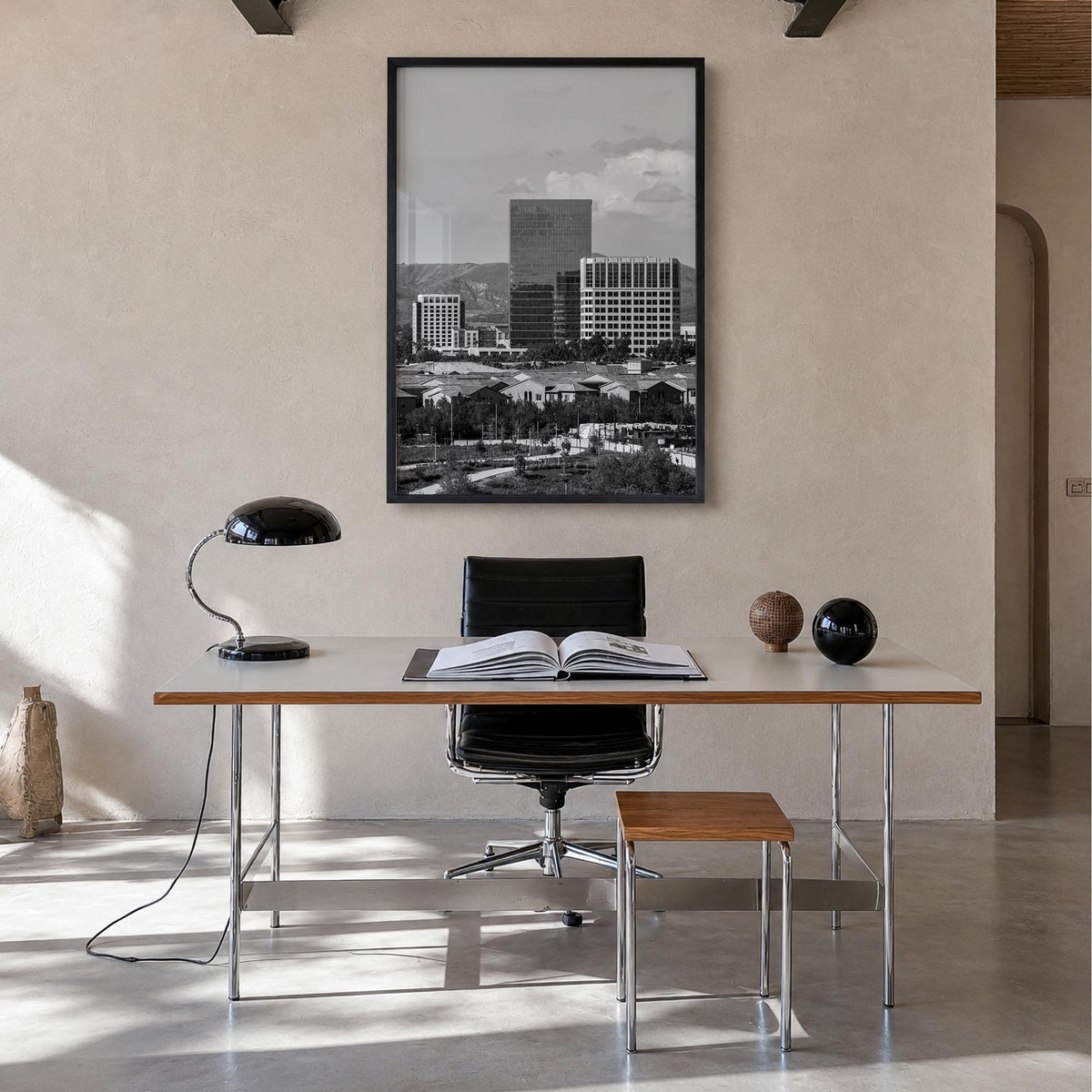 Irvine black & white photo poster of California, USA – vertical wall art in black wood frame, hanging on wall