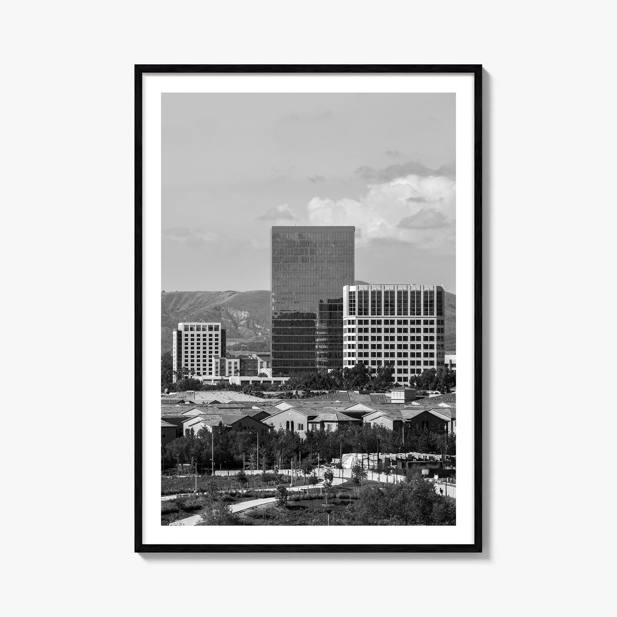 Irvine black & white photo poster of California, USA – vertical wall art, unframed print shown in interior mockup