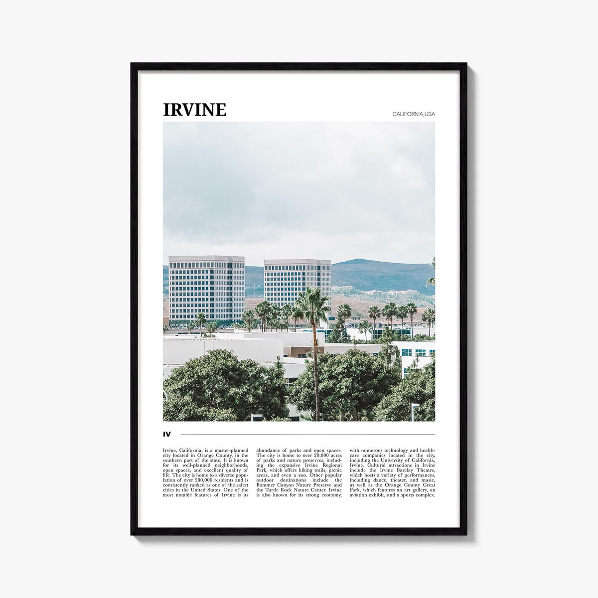 Irvine colorful travel poster of California, USA – vertical wall art, unframed print shown in interior mockup