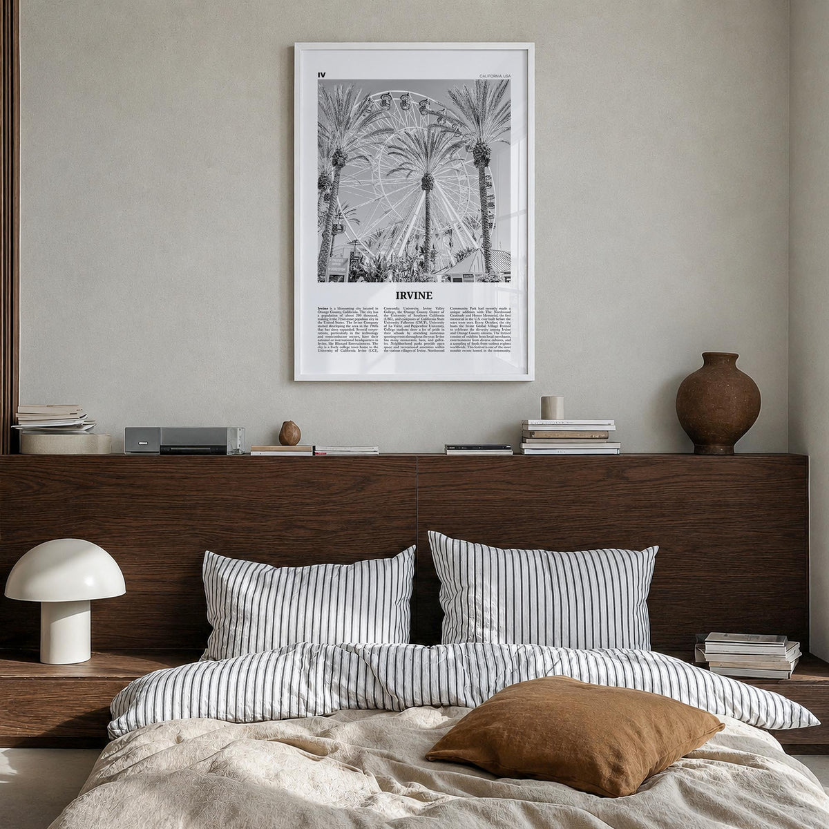Irvine no. 1 black & white newspaper poster of California, USA – vertical wall art in white wood frame, hanging on wall