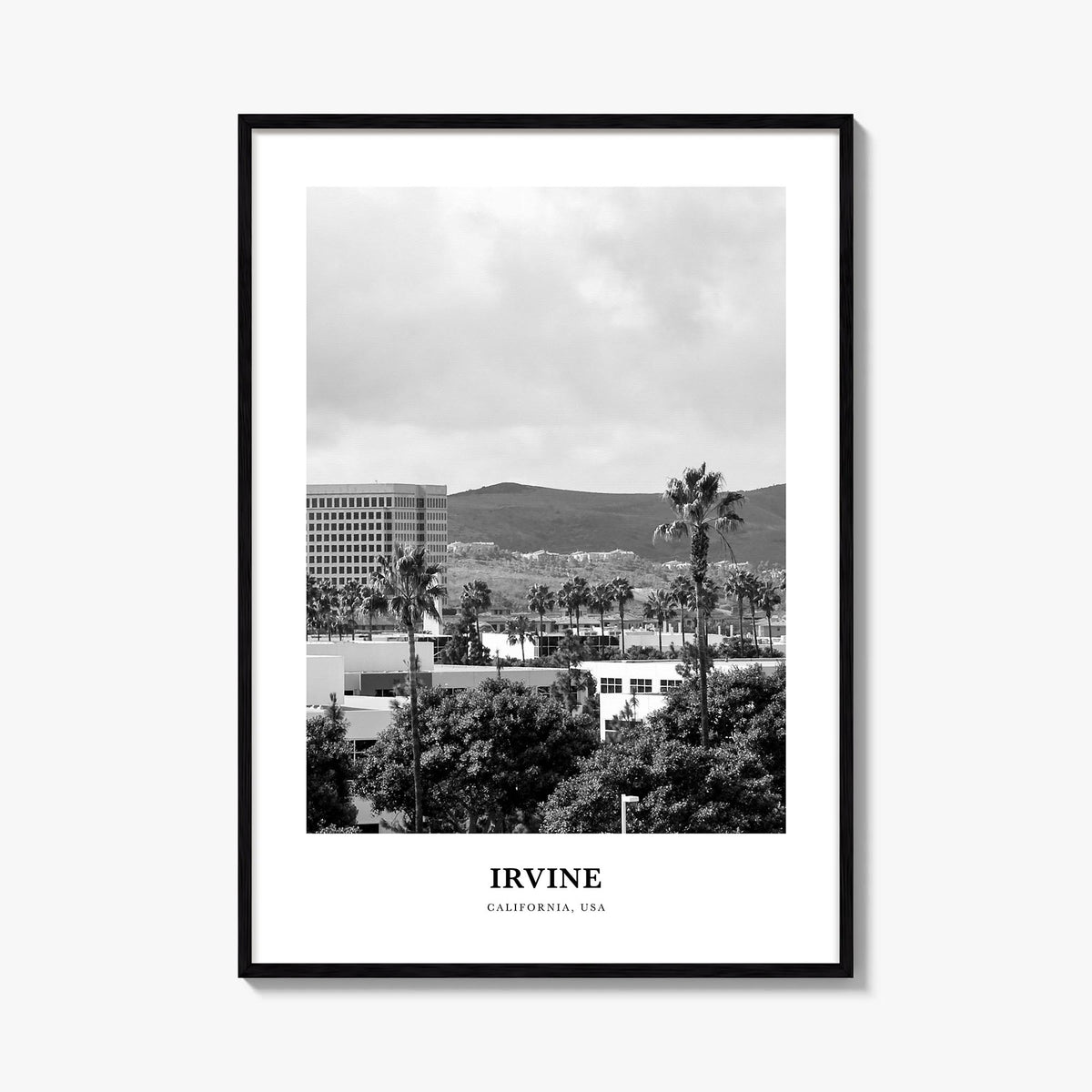 Irvine no. 2 black & white classic poster of California, USA – vertical wall art, unframed print shown in interior mockup