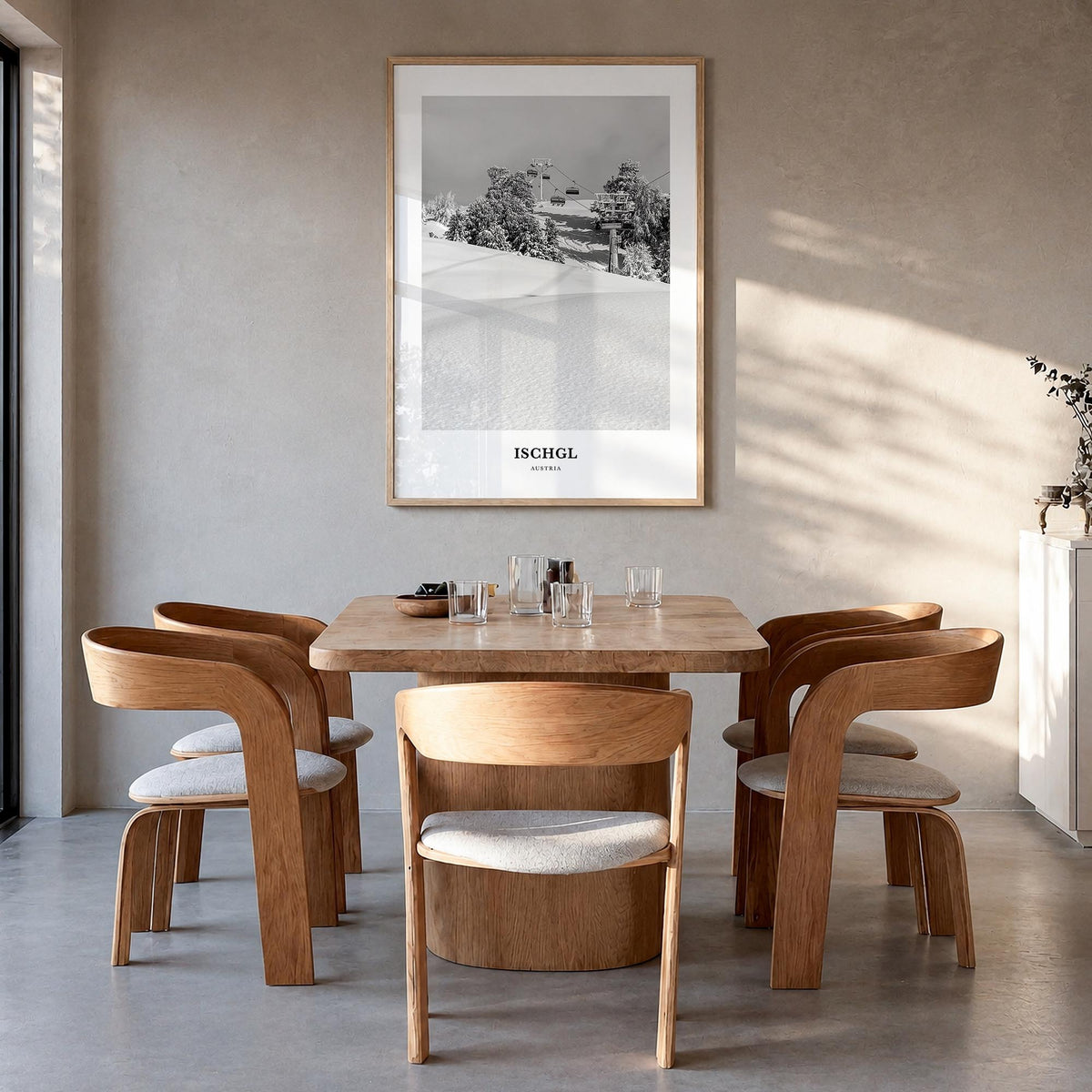 Ischgl black & white classic poster of Austria – vertical wall art in natural wood frame, hanging on wall