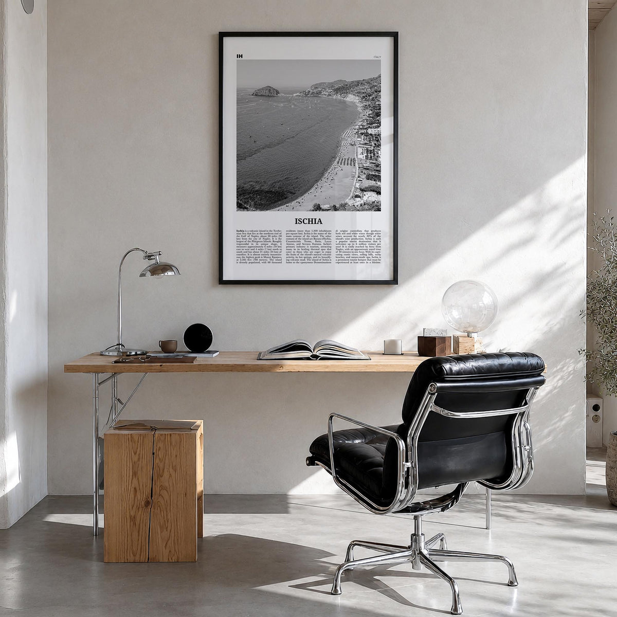 Ischia black & white newspaper poster of Italy – vertical wall art in black wood frame, hanging on wall