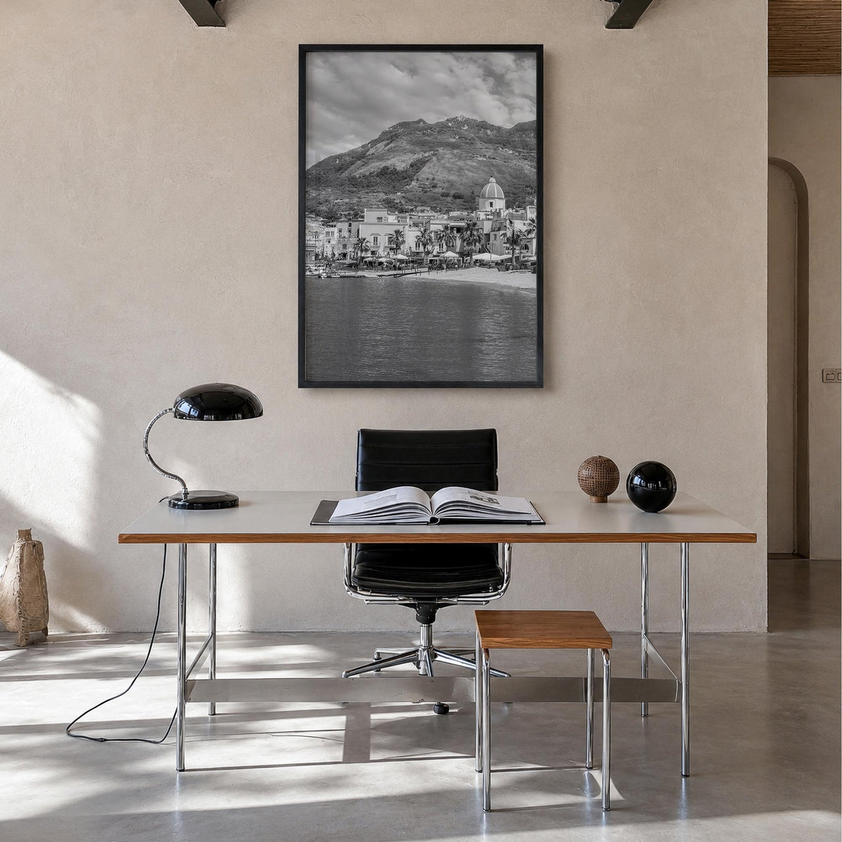 Ischia black & white photo poster of Italy – vertical wall art in black wood frame, hanging on wall