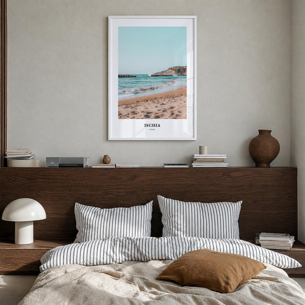 Ischia colorful classic poster of Italy – vertical wall art in white wood frame, hanging on wall