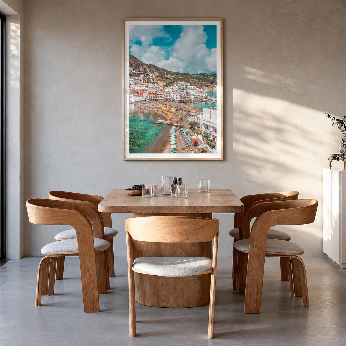Ischia colorful photo poster of Italy – vertical wall art in natural wood frame with white border, hanging on wall